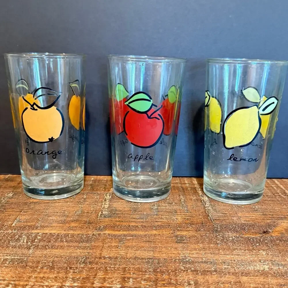 Vintage Firna Indonesia Fruit Tumbler Glasses Set of 3‎ Apple Lemon Orange 12 oz